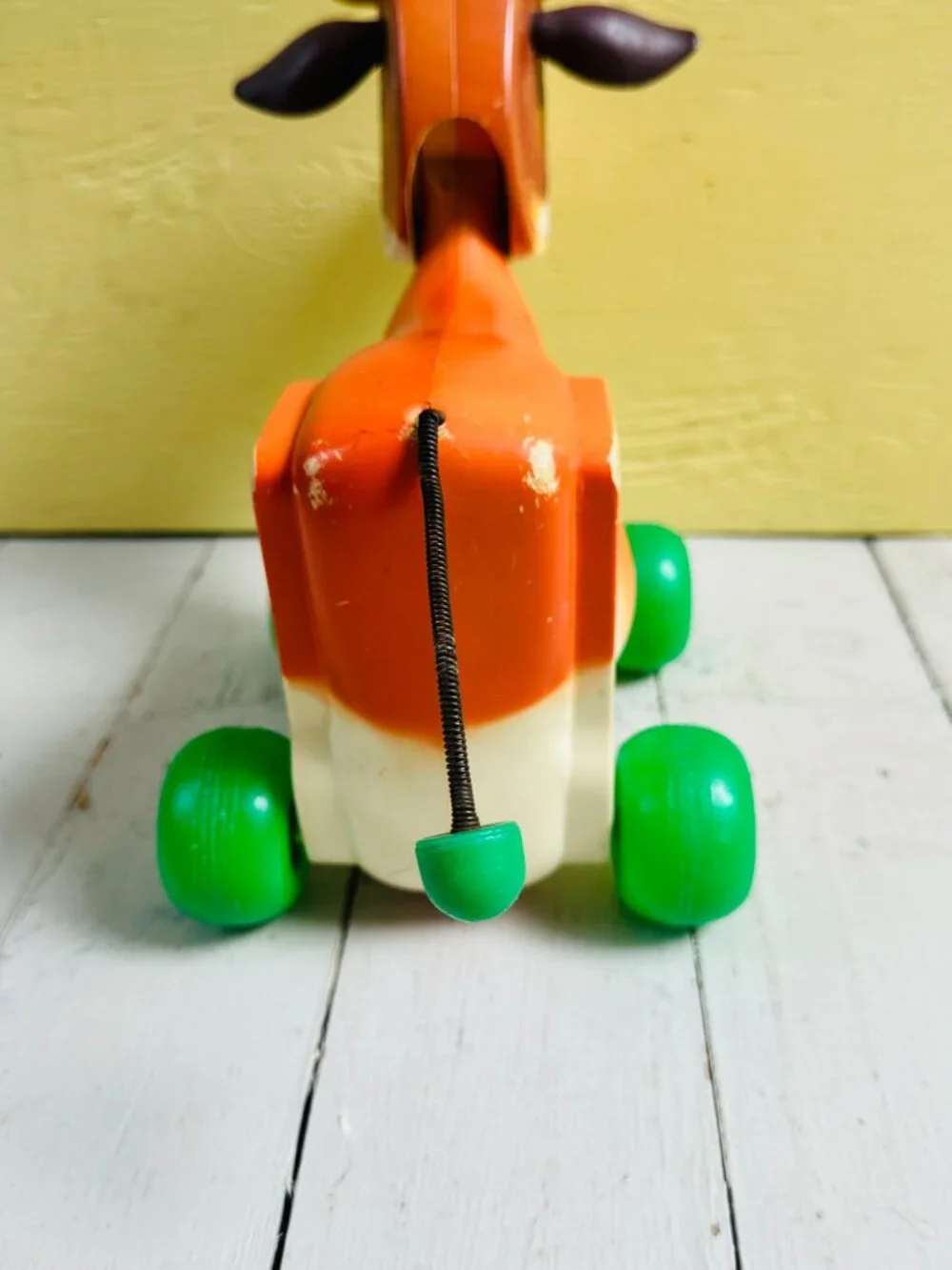 Vintage 1972 Fisher-Price Molly Moo Cow #132 Pull Toy Green Wheels USA